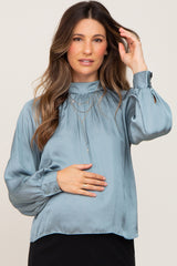 Light Blue Satin Maternity Long Sleeve Blouse