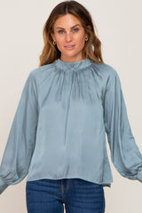 Light Blue Satin Long Sleeve Blouse