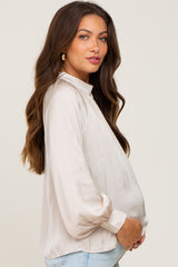 Beige Satin Maternity Long Sleeve Blouse