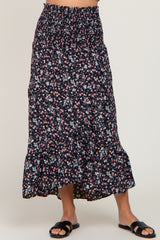 Black Floral Smocked Waist Ruffle Front Skirt