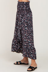 Black Floral Smocked Waist Ruffle Front Skirt