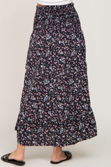 Black Floral Smocked Waist Ruffle Front Skirt