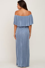 Periwinkle Pleated Ruffle Off Shoulder Maternity Maxi Dress