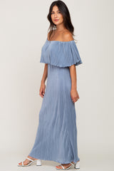 Periwinkle Pleated Ruffle Off Shoulder Maxi Dress