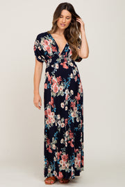 Navy Floral Deep V-Neck Maternity Maxi Dress