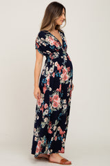 Navy Floral Deep V-Neck Maternity Maxi Dress