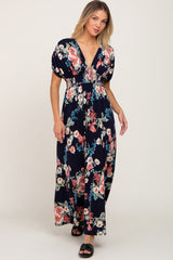 Navy Floral Deep V-Neck Maternity Maxi Dress