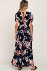 Navy Floral Deep V-Neck Maxi Dress