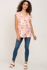 Peach Floral Ribbed Top