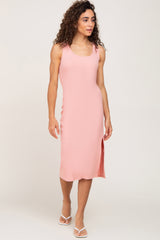 Light Pink Ribbed Back Cutout Maternity Midi Dress