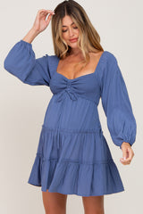 Blue Drawstring Front Smocked Sweetheart Neck Maternity Mini Dress