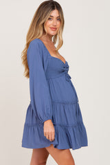 Blue Drawstring Front Smocked Sweetheart Neck Maternity Mini Dress