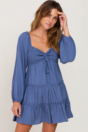 Blue Drawstring Front Smocked Sweetheart Neck Mini Dress