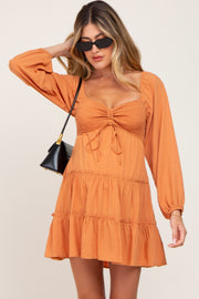 Orange Drawstring Front Smocked Sweetheart Neck Maternity Mini Dress