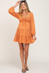 Orange Drawstring Front Smocked Sweetheart Neck Maternity Mini Dress