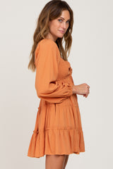 Orange Drawstring Front Smocked Sweetheart Neck Mini Dress