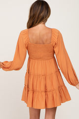 Orange Drawstring Front Smocked Sweetheart Neck Mini Dress