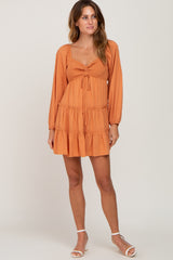 Orange Drawstring Front Smocked Sweetheart Neck Mini Dress