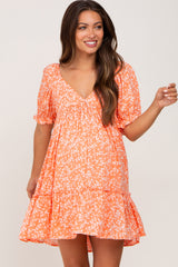 Orange Floral Ruffle Accent Maternity Mini Dress