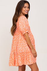 Orange Floral Ruffle Accent Maternity Mini Dress