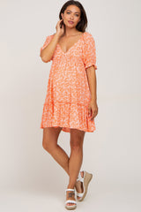 Orange Floral Ruffle Accent Maternity Mini Dress