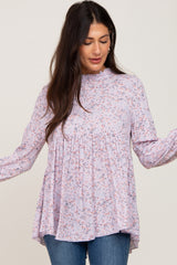 Lavender Floral Ruffle Mock Neck Babydoll Blouse