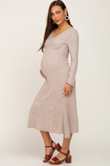 Beige Knit Long Sleeve Ruffle Hem Maternity Midi Dress