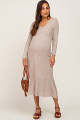 Beige Knit Long Sleeve Ruffle Hem Maternity Midi Dress