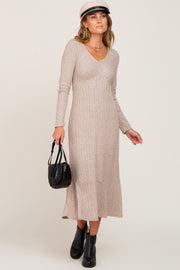 Beige Knit Long Sleeve Ruffle Hem Midi Dress