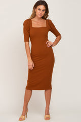 Rust Ribbed Fitted Maternity Midi Dress