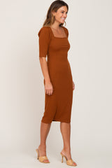 Rust Ribbed Fitted Midi Dress