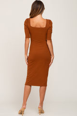 Rust Ribbed Fitted Midi Dress