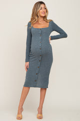 Teal Ribbed Knit Button Accent Maternity Midi Dress