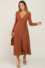 Rust Rib Knit Maternity Midi Wrap Dress