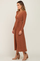 Rust Rib Knit Midi Wrap Dress