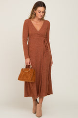 Rust Rib Knit Midi Wrap Dress