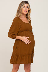 Mocha Ribbed Knit Ruffle Accent Back Tie Maternity Dress