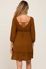 Mocha Ribbed Knit Ruffle Accent Back Tie Maternity Dress