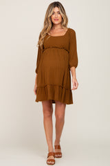 Mocha Ribbed Knit Ruffle Accent Back Tie Maternity Dress