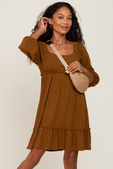 Mocha Ribbed Knit Ruffle Accent Back Tie Dress