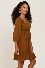 Mocha Ribbed Knit Ruffle Accent Back Tie Dress