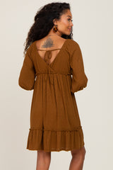 Mocha Ribbed Knit Ruffle Accent Back Tie Dress