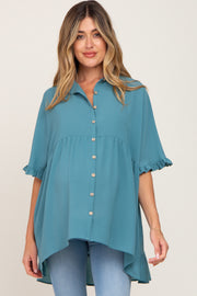 Teal Oversized Button Front Ruffle Short Sleeve Hi-Low Maternity Top