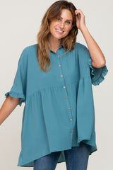 Teal Oversized Button Front Ruffle Short Sleeve Hi-Low Maternity Top