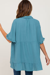 Teal Oversized Button Front Ruffle Short Sleeve Hi-Low Top