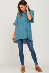 Teal Oversized Button Front Ruffle Short Sleeve Hi-Low Top