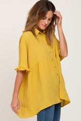 Yellow Oversized Button Front Ruffle Short Sleeve Hi-Low Top