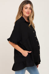 Black Oversized Button Front Ruffle Short Sleeve Hi-Low Maternity Top