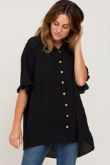 Black Oversized Button Front Ruffle Short Sleeve Hi-Low Maternity Top