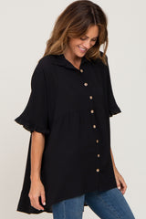 Black Oversized Button Front Ruffle Short Sleeve Hi-Low Top